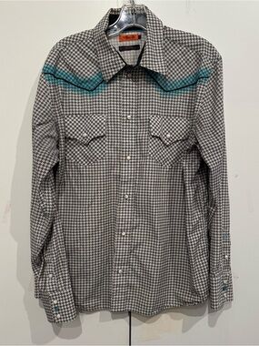 Unisex Western Houndstooth Button-Down Shirt with Teal Yoke and Pearl Like Snaps